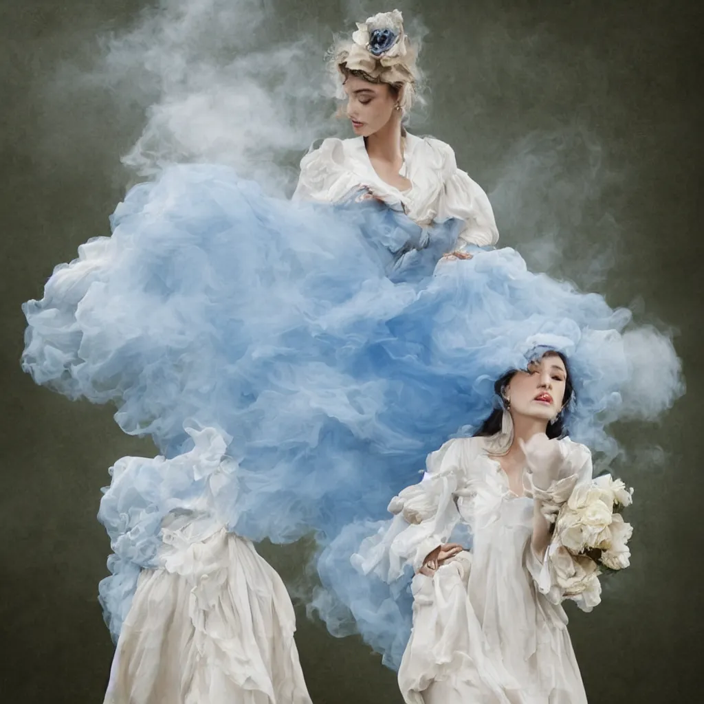 Prompt: woman_dressed_in_a_vaporous_wrapped_large_victorian_cream_roses_silk_semi-transparent_blue_and_cream_dress_fashion_is_running_DDfantasy