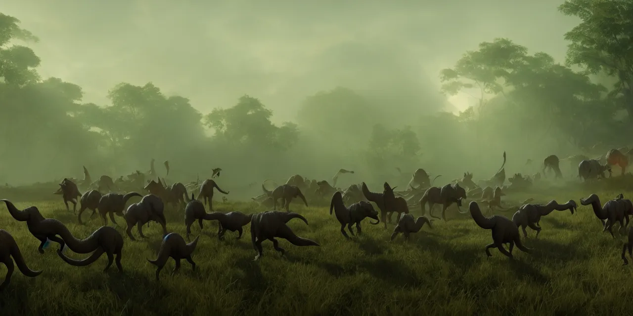 Image similar to old man herding a herd of small dinosaurs in an alternate prehistoric past, steam punk, very high details, volumetric fog, raytracing, back light, raymarching, by ilm, by digital domain, by weta digital