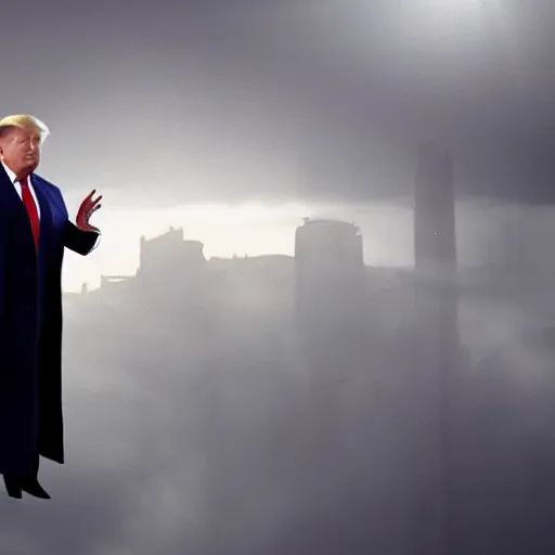 Image similar to still of donald trump as a fat batman. cinematic, god rays through fog