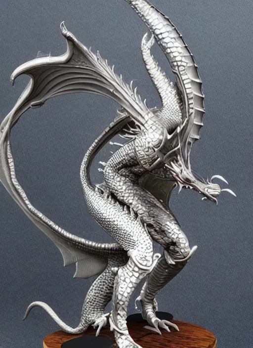 Prompt: 80mm, resin detailed model figure of a female wearing a silver dragon armor