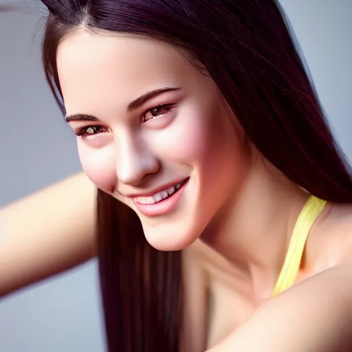 Prompt: beautiful portrait of a cute thin young woman, hyperrealistic full figure, athletic body, six pack, abs, concentrated look, cute smile, highly detailed, detailed face and eyes, long black hair, flushed face, blue eyes, golden hour, volumetric lighting, 8 k, portrait, 3 0 mm f 1. 8,