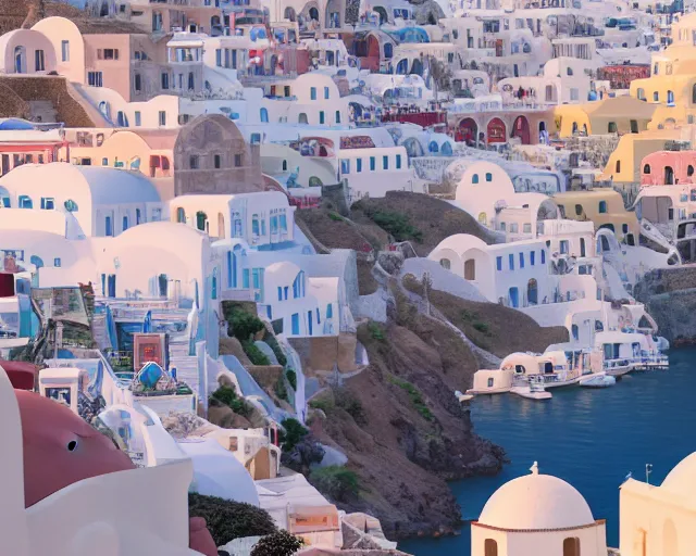 Image similar to a wholesome animation key shot of a Santorini greek city, overhead shot, wide shot, architecture, studio Ghibli, Pixar and Disney animation, sharp, very detailed, high resolution, inspired by Hayao Miyazaki, anime key art by Greg Rutkowski, Bloom, dramatic lighting