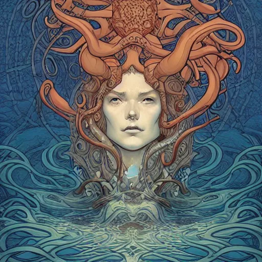 Image similar to in the style of Steve Niles, Joshua Middleton, William Morris, Peter Mohrbacher and artgerm, Chtulhu rising from the water staring at a boat, Lovecraftian, ocean, night, storm, lighting, terror, horror, mood lighting