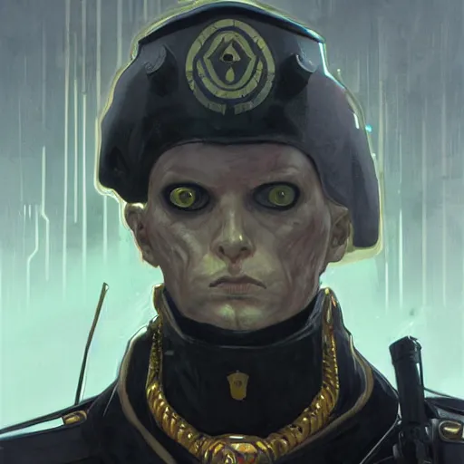 Image similar to portrait of rubbery, gaunt albino mutant with moist skin, sharp features, large lips, huge black eyes and determined expression, wearing fascist Byzantine police uniform and standing on cyberpunk docks, Dune concept art by Anato Finnstark, Alphonse Mucha, and Greg Rutkowski