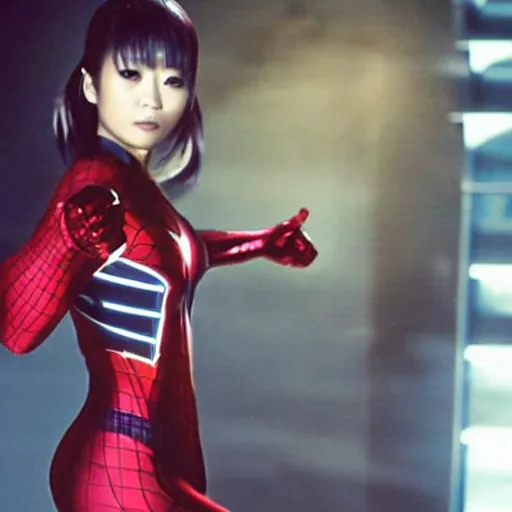 Image similar to Ayumi Hamasaki as spiderwoman , film still, best scene,