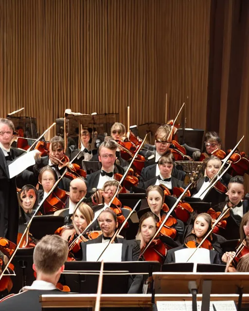 Prompt: long shot portrait of an orchestra conductor on the rostrum, symphony ensemble, baton in motion, motion blur, triadic color scheme, theatre lighting, focus on wand