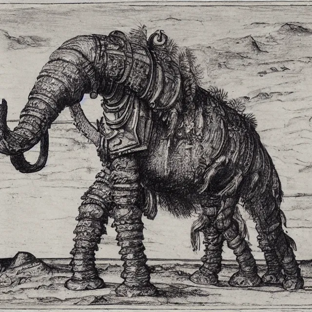 Image similar to a detailed, intricate drawing of a heavily armored mammoth on a beach, by albrecht durer