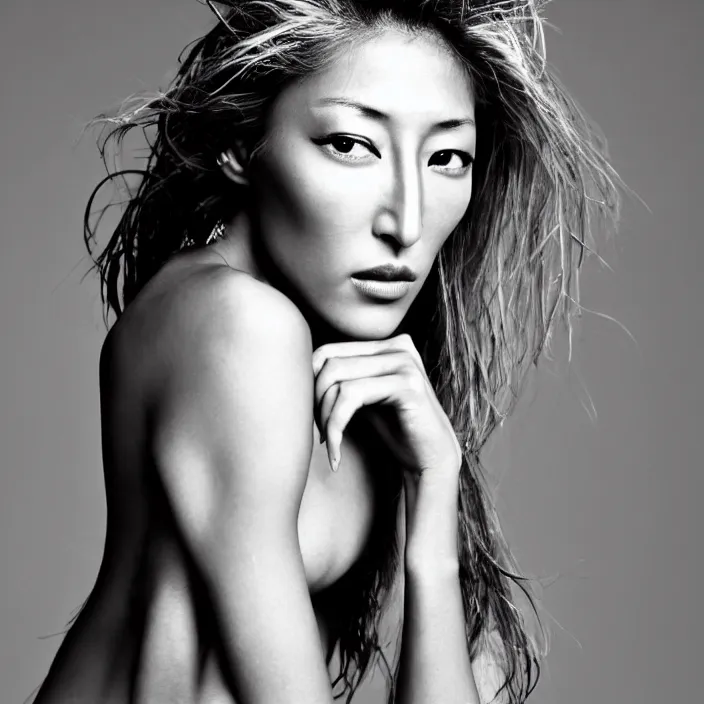 Image similar to young beautiful woman dichen lachman, gorgeous face, black and white photography portrait, skin grain detail, high fashion, full - body, 8 k,, ultra sharp focus, tropical background, photography by richard avedon, and paolo roversi and nick knight, and hellmut newton, victoria siemer, kirsty mitchell, laura zalenga