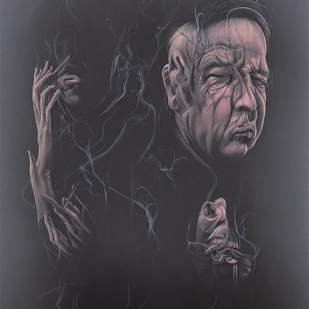 Prompt: portrait of bill hicks smoking in the style of hans giger, alex grey, lynchian atmosphere, film noir, concept art, art by kuvshinov ilya and zdislav beksinski and wayne barlowe