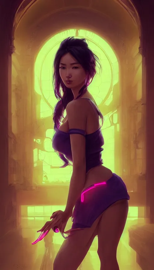 Prompt: neon, academic female pose from artstation, most beautiful asian face, fibonacci, sweat drops, insane, pinup, intricate, highly detailed, digital painting, artstation, concept art, smooth, sharp focus, illustration, Unreal Engine 5, 8K, art by artgerm and greg rutkowski and alphonse mucha