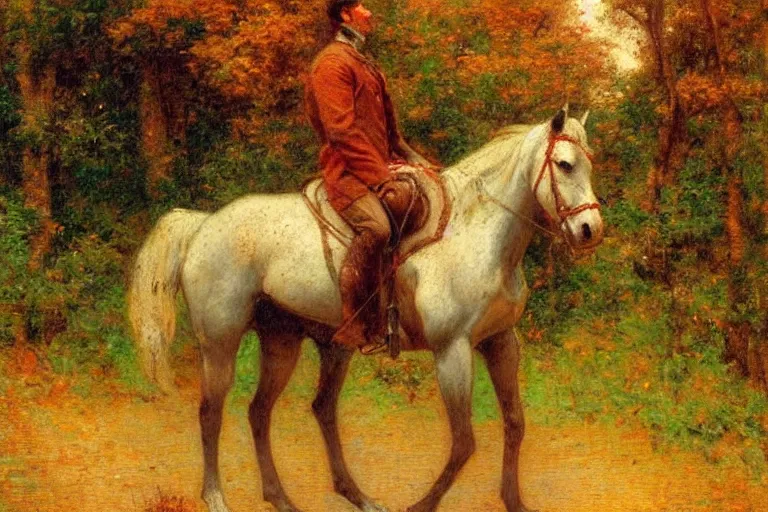 Image similar to attractive man riding a horse in the woods with falling red leaves, painting by gaston bussiere, ghibli style