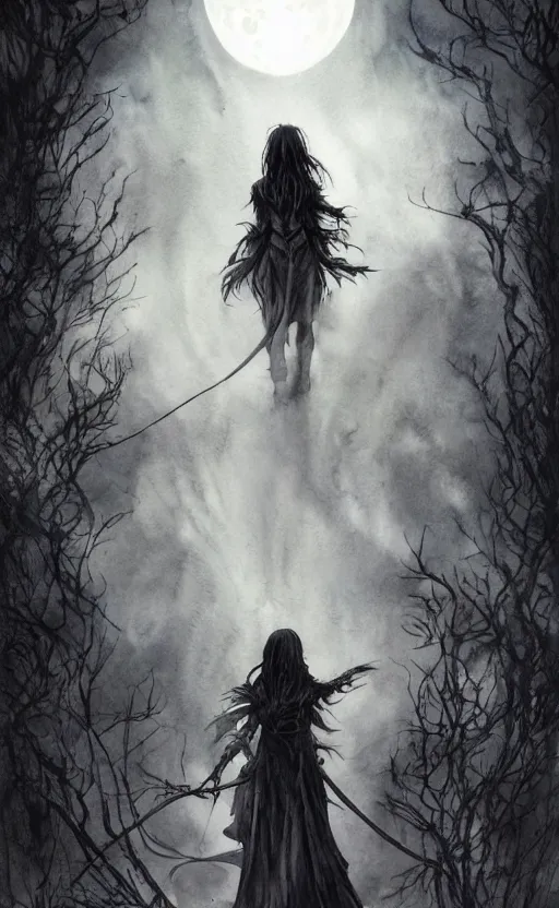 Image similar to book cover art, female dark witch from behind in front of the full big moon, watercolor, dramatic lighting, cinematic, establishing shot, extremely high detail, foto realistic, cinematic lighting, pen and ink, intricate line drawings, by Yoshitaka Amano, Ruan Jia, Kentaro Miura, Artgerm, post processed, concept art, artstation, matte painting, style by eddie mendoza, raphael lacoste, alex ross