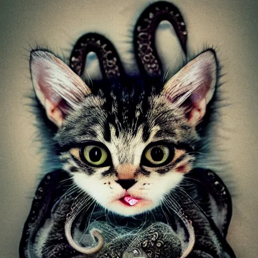 Prompt: kitten octopus feline squid tentacle fur fangs, portrait photography, single subject, faded background, adorable kawaii big eye cute cuddly, photorealism in the style of National Geographic