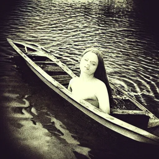 Image similar to “old photo of mermaid, only her face on top of water, next to boat, sepia”