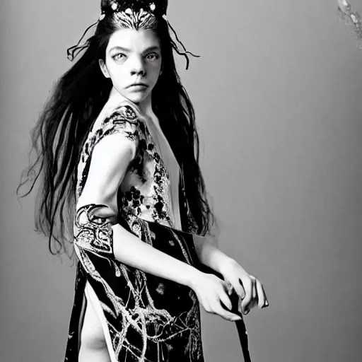 Prompt: black and white pen and ink!!!!!!! sorcerer beautiful attractive long hair Anya Taylor-Joy wearing High Royal flower print robes flaming!!!! final form sensual flowing ritual royal!!! Contemplative stance Vagabond!!!!!!!! floating magic witch!!!! glides through a beautiful!!!!!!! Camellia!!!! Tsubaki!!! death-flower!!!! battlefield behind!!!! dramatic esoteric!!!!!! Long hair flowing dancing illustrated in high detail!!!!!!!! by Hiroya Oku!!!!!!!!! graphic novel published on 2049 award winning!!!! full body portrait!!!!! action exposition manga panel black and white Shonen Jump issue by David Lynch eraserhead and beautiful line art Hirohiko Araki!! Frank Miller, Kentaro Miura!, Jojo's Bizzare Adventure!!!! 3 sequential art golden ratio technical perspective panels horizontal per page