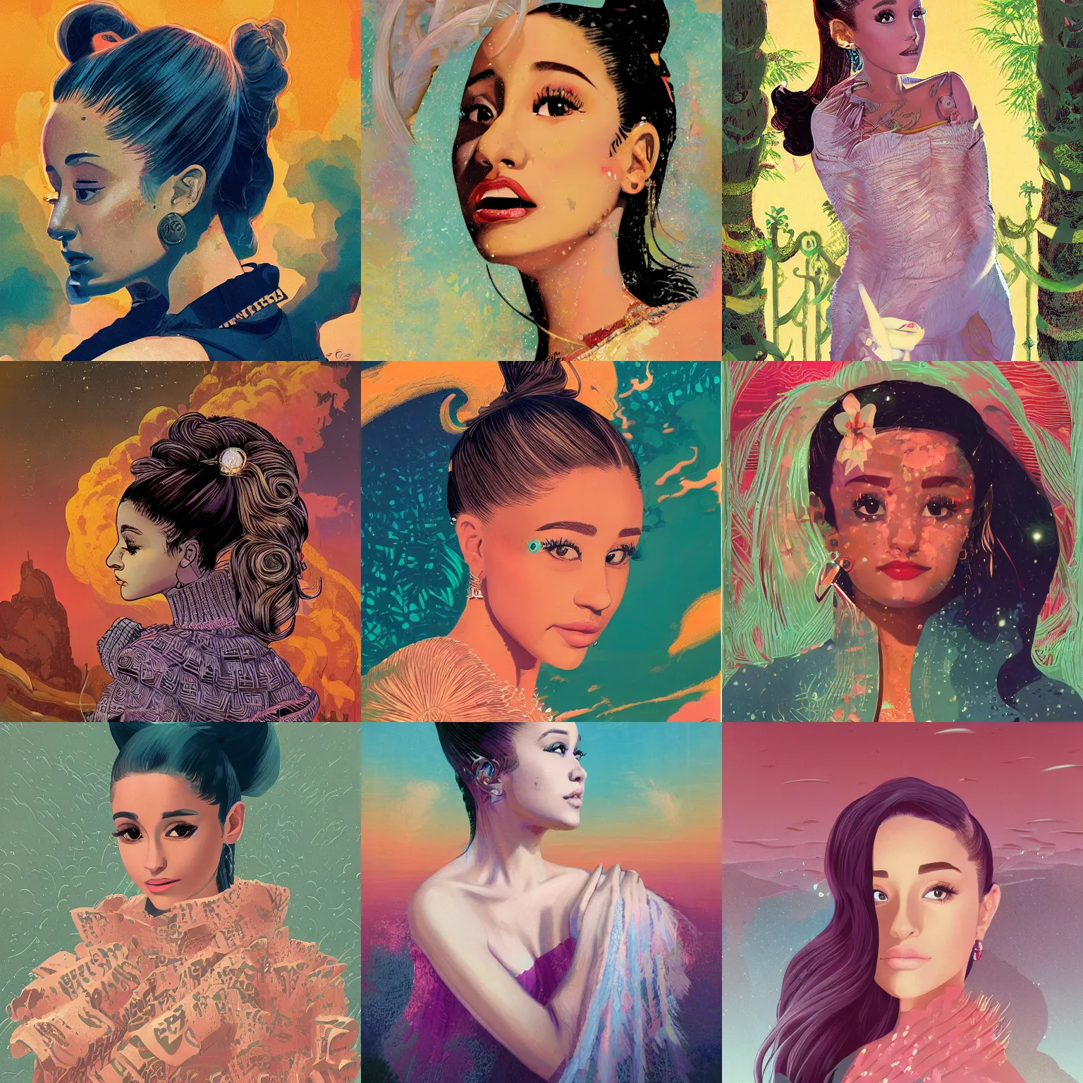 Prompt: Ariana Grande portrait by Victo Ngai and James Gilleard and Bruce Pennington