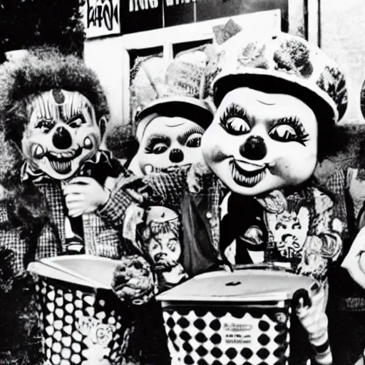 Image similar to garbage pail kids watching a gang of 1950s clown street performers,