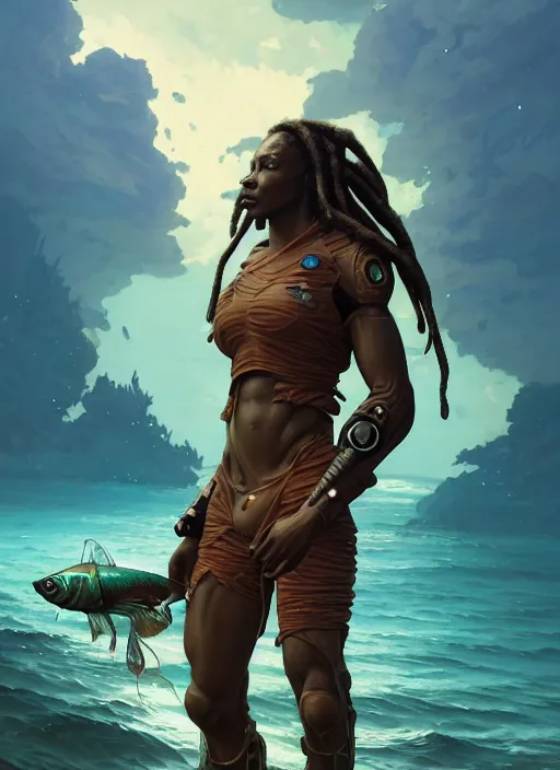 Image similar to portrait of a jamaican fisherman sci - fi fishing armor muscular cyberpunk dreadlocks intricate elegant highly detailed digital painting artstation concept art, ocean splashing background, greg rutkowski, loish, rhads, ferdinand knab, makoto shinkai and lois van baarle, ilya kuvshinov, rossdraws, tom bagshaw