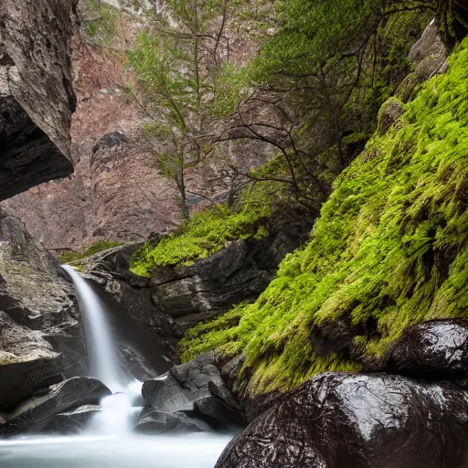 Image similar to A waterfall flowing over a cliff into a rocky cove below, detailed, sharp focus, dynamic lighting, 100mm lens by Alyn Spiller and Alayna Danner