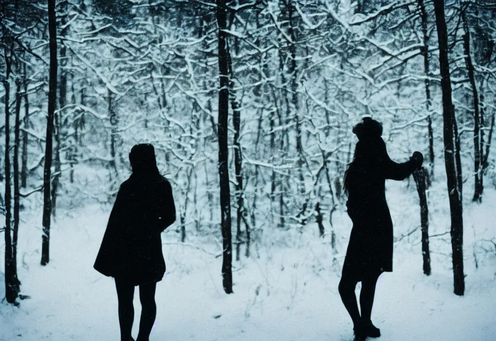 Image similar to lomo photo of a female silhouette standing in front of a snowy cabin, cinestill, bokeh, out of focus, day, dramatic lighting