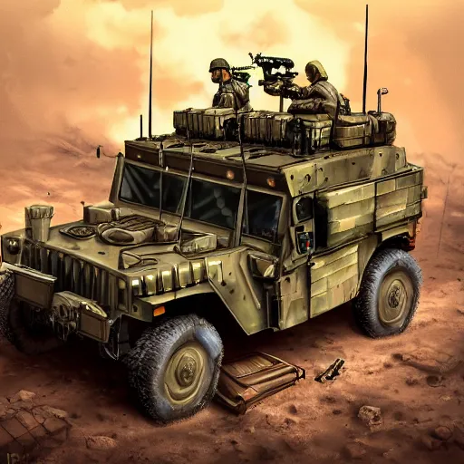 Prompt: Machine gun mounted on top of a humvee, digital art , highly detailed , high contrast, beautiful lighting, award winning , trending on art station, photorealistic, 8k