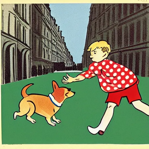 Image similar to book illustration of a french boy on the streets of paris playing football against a corgi, the dog is wearing a polka dot scarf, 1 9 6 6