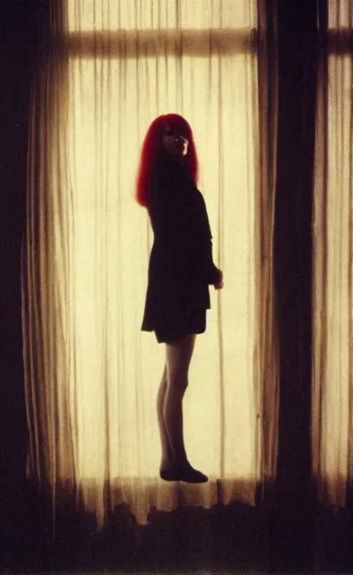 Prompt: portrait of a girl with long red hair, very beautiful style, girl standing in a black room by a window, wearing a gold suit, photorealism, andrei tarkovsky deborah lou turbeville,