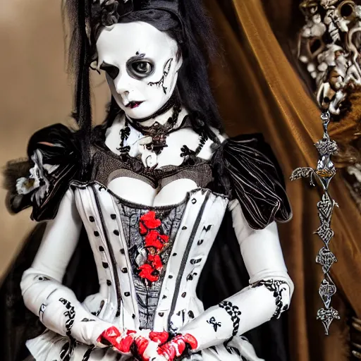 Image similar to gothic cyborg victorian bizzare porcelain woman with artnouveau garment and ornaments sharp focus 8 k