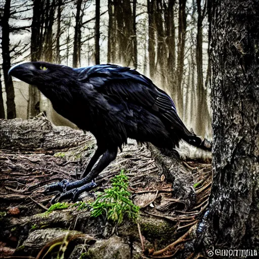 Image similar to werecreature crow, photograph captured in a forest