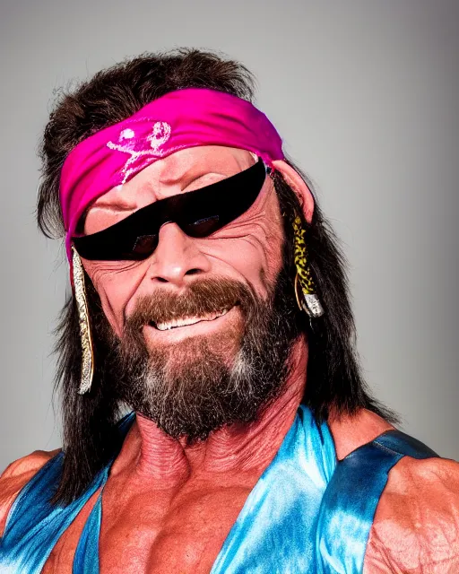 Prompt: Epic close highly detailed portrait of Macho Man Randy Savage in his iconic signature main outfit. Award-winning photography. XF IQ4, 150MP, 50mm, f/1.4, ISO 200, 1/160s, natural light, rule of thirds, symmetrical balance, depth layering, polarizing filter, Sense of Depth, AI enhanced