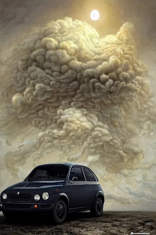 Image similar to Intricate stunning highly detailed Fiat 600R built in Spain, White color, digital painting by agostino arrivabene and Vladimir Kush, surreal, ultra realistic, Horror vacui, dramatic lighting, full moon, thick black swirling smoke tornado, burning fire embers, artstation