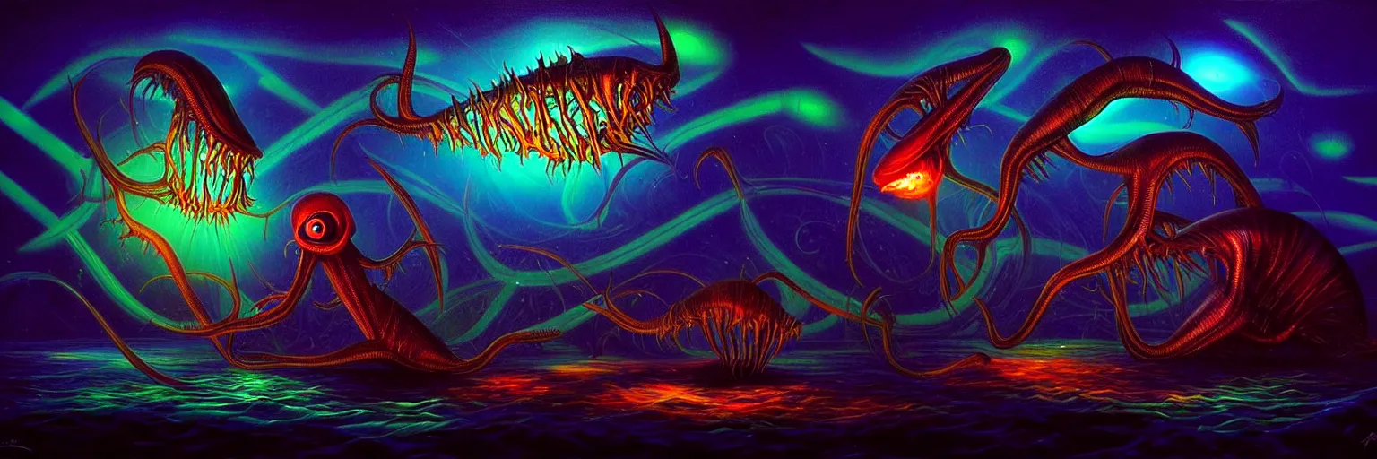 Image similar to strange alien fish creatures from the depths of the collective unconscious, dramatic lighting, surreal darkly colorful painting by ronny khalil