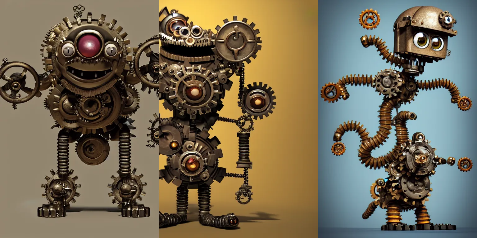 Prompt: a tiny cute dieselpunk monster with cogs and screws and big eyes smiling and waving, back view, isometric 3d, ultra hd, character design by Mark Ryden and Pixar and Hayao Miyazaki, unreal 5, DAZ, hyperrealistic, octane render, cosplay, RPG portrait, dynamic lighting, intricate detail, summer vibrancy, cinematic