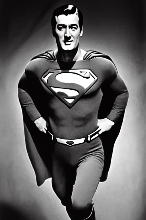 Image similar to rock hudson playing superman in, superhero, dynamic, 3 5 mm lens, heroic, studio lighting