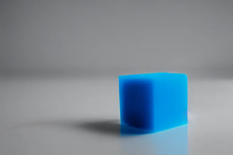 Image similar to single blue cube on white studio floor, soft light, 3 5 mm