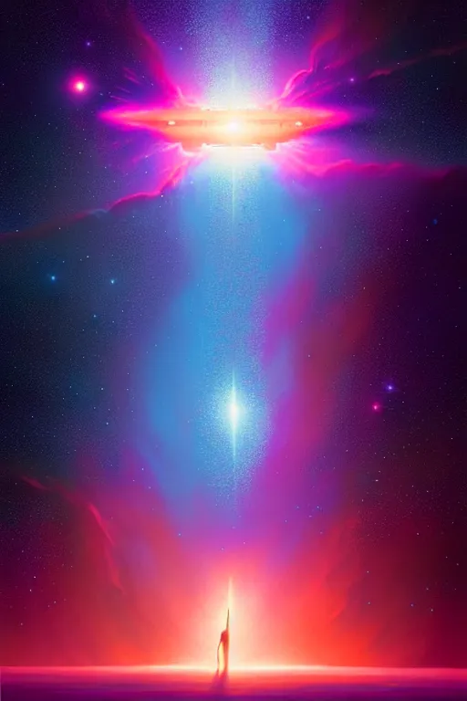 Image similar to standing on the shoulders of giants, celestial collision, birth of a star by christopher balaskas and john harris and dan mumford, hyperrealistic, high detail, ultra detailed, space, nebula, sharp focus, stellar formation, astronomy, science