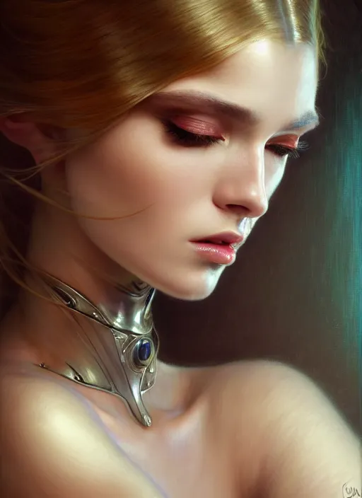 Prompt: glamorous sadness, seductive eyes and face, elegant, lascivious pose, very detailed face, studio lighting, photorealism, wearing futuristic armor , portrait by Magali Villeneuve and Steve Argyle,Livia Prima,Mucha,dress,fantasy art,beautiful,artstation,trending on artstation,intricate details,alluring,masterpiece