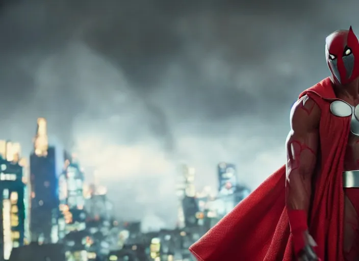Image similar to film still of michael b jordan as spawn in the new spawn movie, giant chains, large cape, 8 k