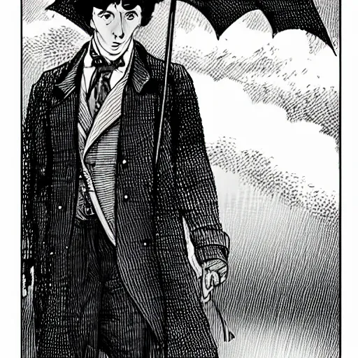 Image similar to Sherlock Holmes standing in the rain in the style of Junji Ito