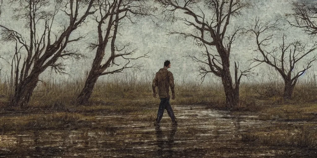 Prompt: man walking on a swampy landscape with withered trees, high detail, dark sky background