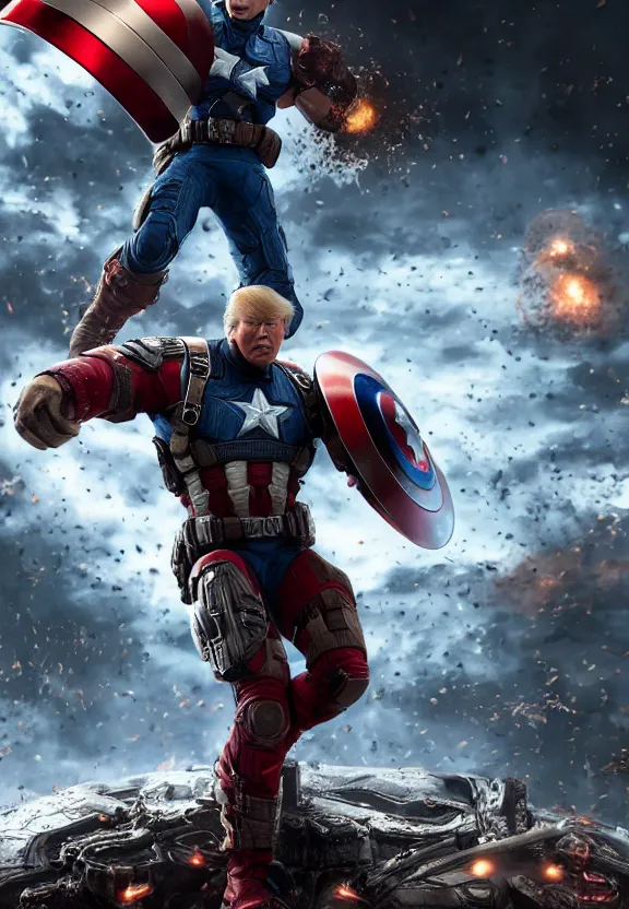 Image similar to Portrait of Donald Trump as captain america in Gears of War, splash art, movie still, cinematic lighting, dramatic, octane render, long lens, shallow depth of field, bokeh, anamorphic lens flare, 8k, hyper detailed, 35mm film grain