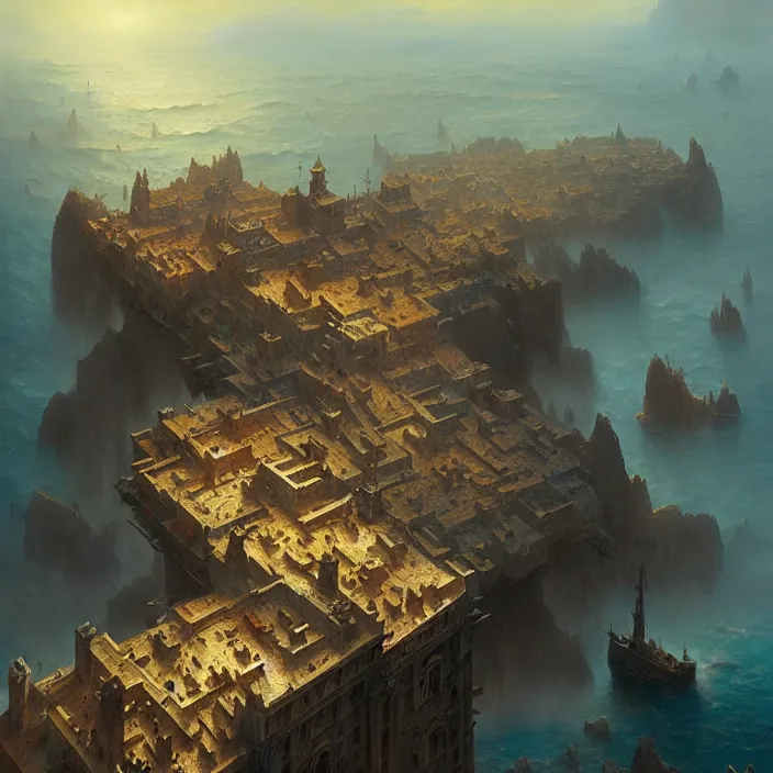 Prompt: matte painting by marc simonetti, jonathan solter, greg rutkowski of an archipelago, masterpiece, cinematic, hyperdetailed, photorealistic, hyperrealism, architecture, aerial view,