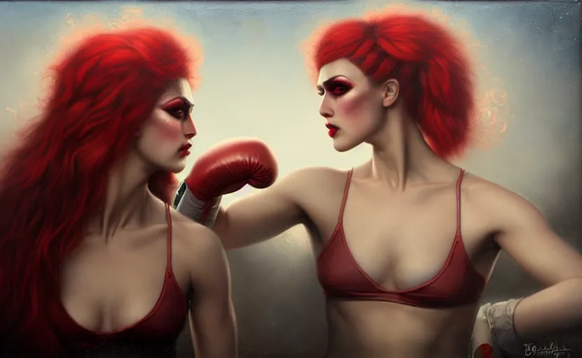 Prompt: boxing girl and drag queen by tom bagshaw