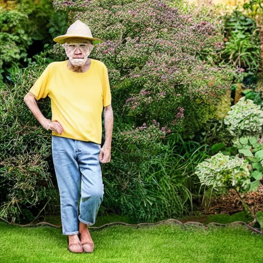 Image similar to old man in with short grey hair wearing a straw hat standing in a garden, yellow t shirt, jeans, brown leather shoes, photography, high detail, award winning photography