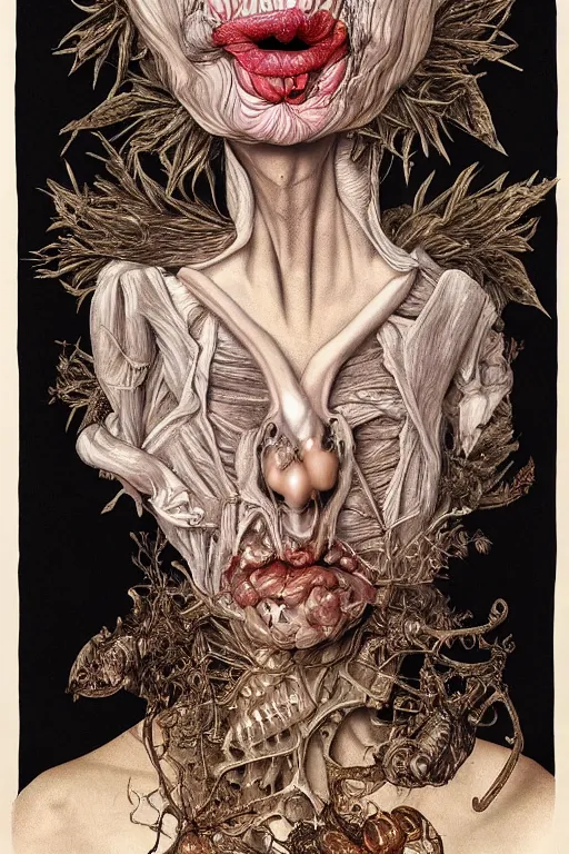 Image similar to Detailed maximalist portrait of a beautiful old woman with large lips and eyes, scared expression, botanical skeletal with extra flesh, HD mixed media, 3D collage, highly detailed and intricate, surreal illustration in the style of Caravaggio, dark art, baroque, centred in image