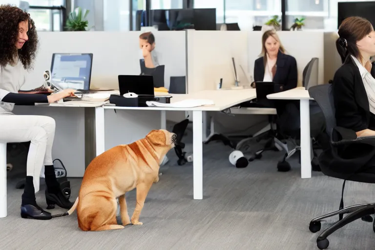 Prompt: pets are working in co - working modern offices