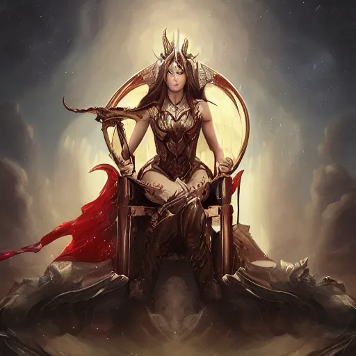 Image similar to A stunning comic book style portrait painting of a dragon goddess sitting on her throne, in the style of WLOP, 8k masterpiece, cinematic lighting, dynamic lighting, pristine and clean design, high fantasy, CGSociety, insanely detailed, atmospheric, matte painting,