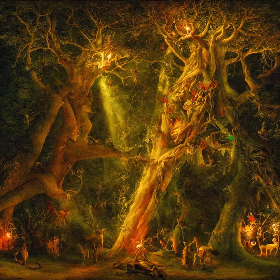 Image similar to closeup of a night carnival inside a tree cavity in a magical forest in the middle of a summer storm, with a music scenario with many fireworks and christmas lights, volumetric lightning, instense god rays in the sky, folklore people disguised with fantastic creatures in a magical forest by summer night, masterpiece painted by george stubbs, very coherent and colorful high contrast masterpiece,