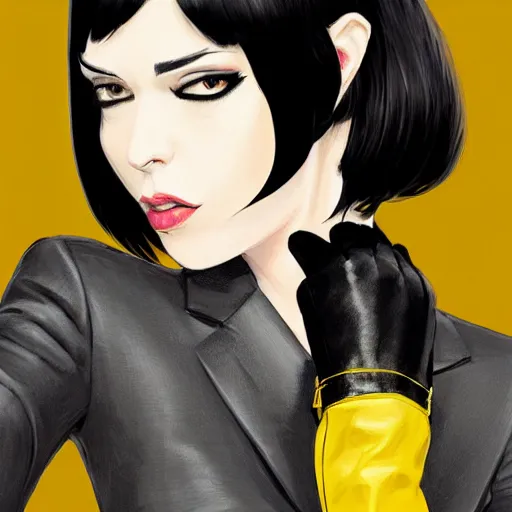 Image similar to slim girl in yellow snake skin tuxedo and black leather gloves with short black hair and with black eye patch, elegant, 2d, ultra highly detailed, digital painting, smooth, sharp focus, artstation, art by Ilya Kuvshinov