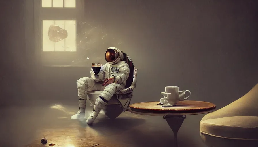 Prompt: astronaut sitting in armchair with cup of coffee with steam, terraformed mars, wide shot, digital painting, intricate details, trending on artstation, concept art, octane render, realistic, highly detailed, smooth, sharp focus, beautiful, 4 k, 8 k, hd, art by charlie bowater and artgerm and greg rutkowski